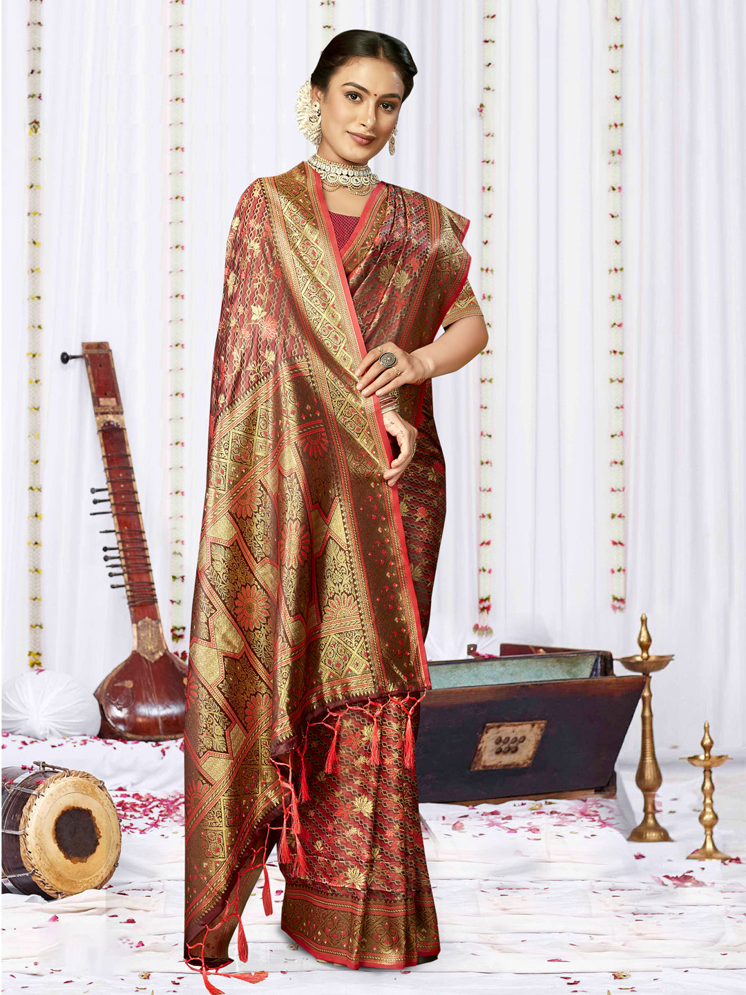 Maroon Satin Silk Saree