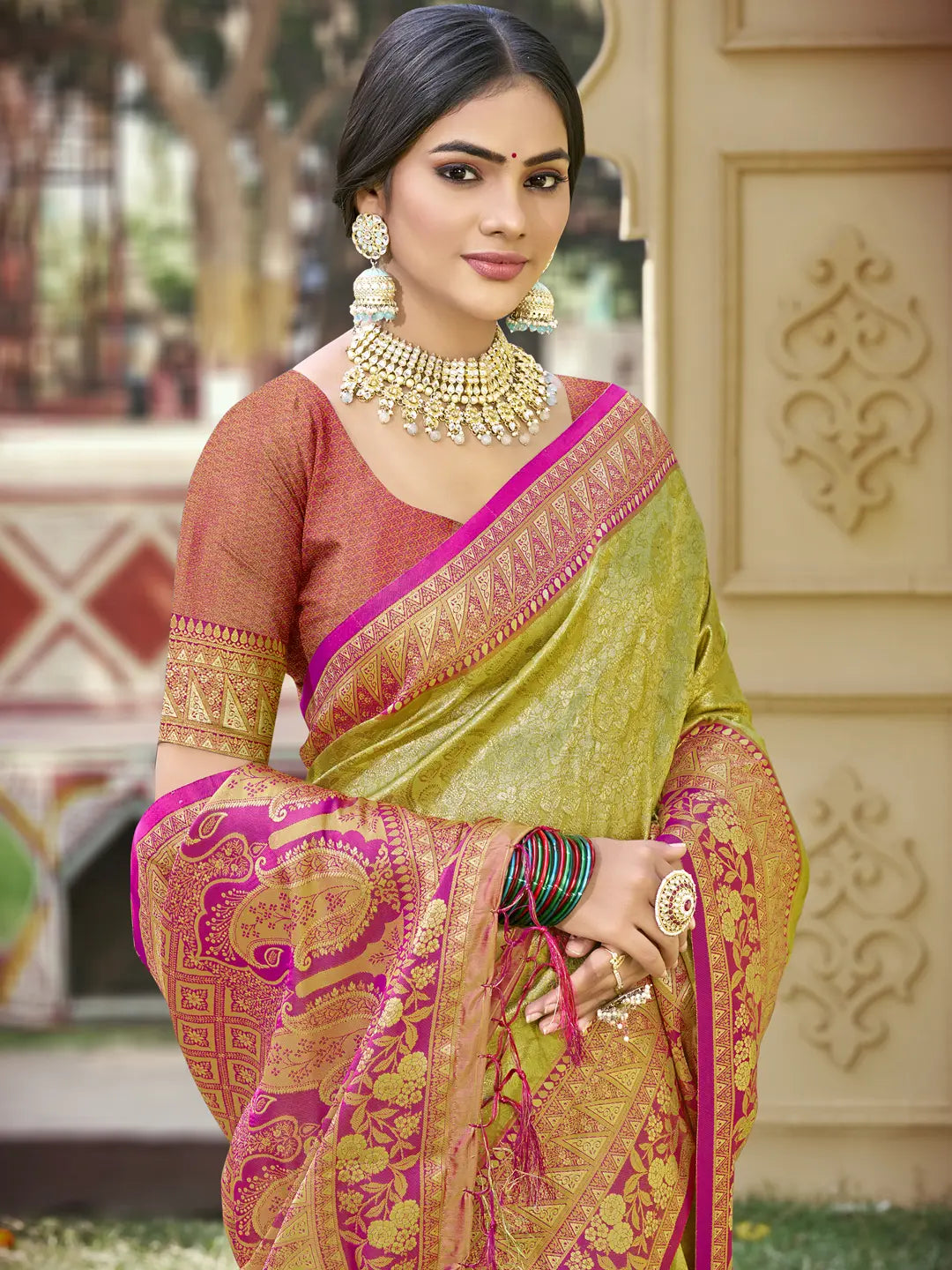 Olive Green Banarasi Silk Saree