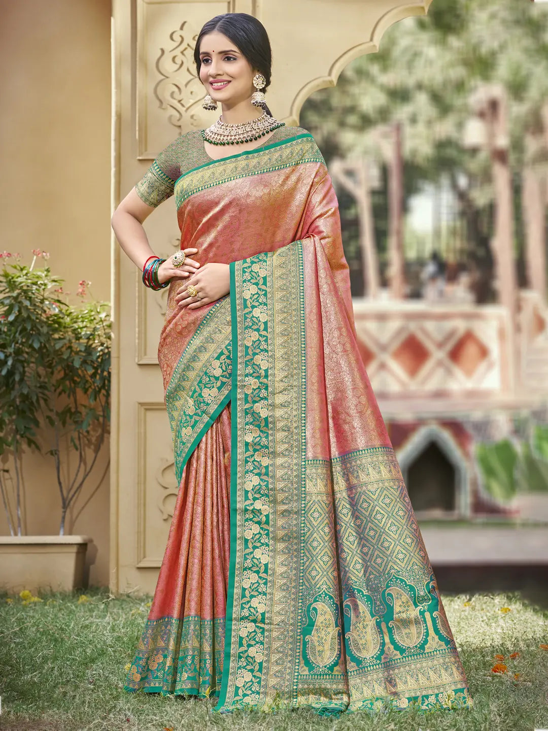 Peach Banarasi Silk Saree