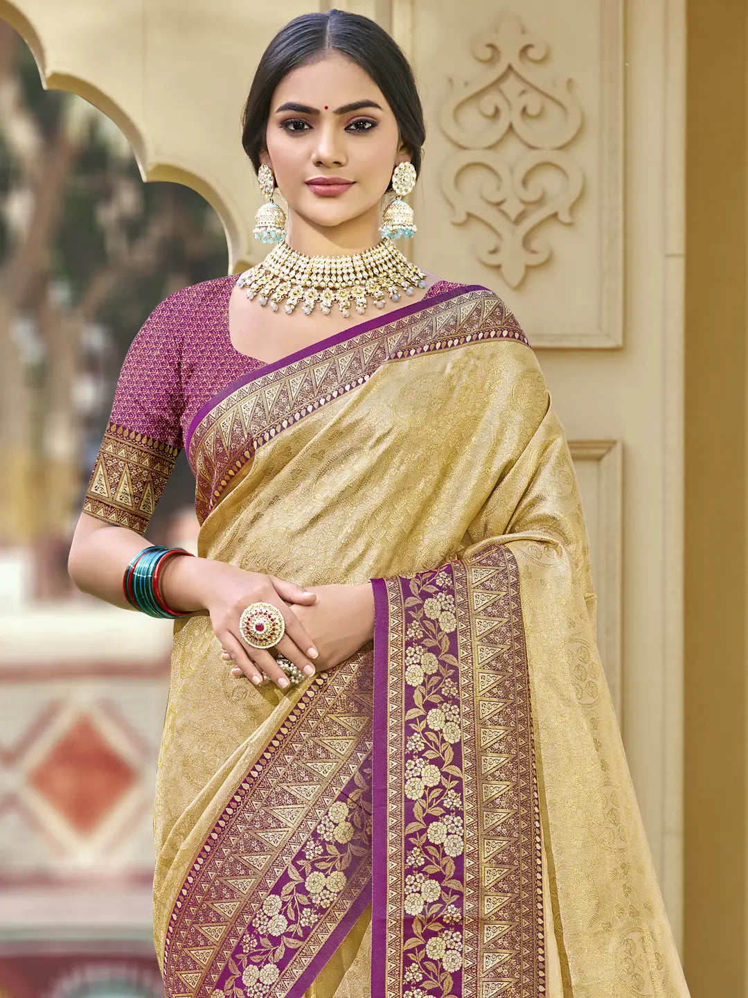 Cream Banarasi Silk Saree