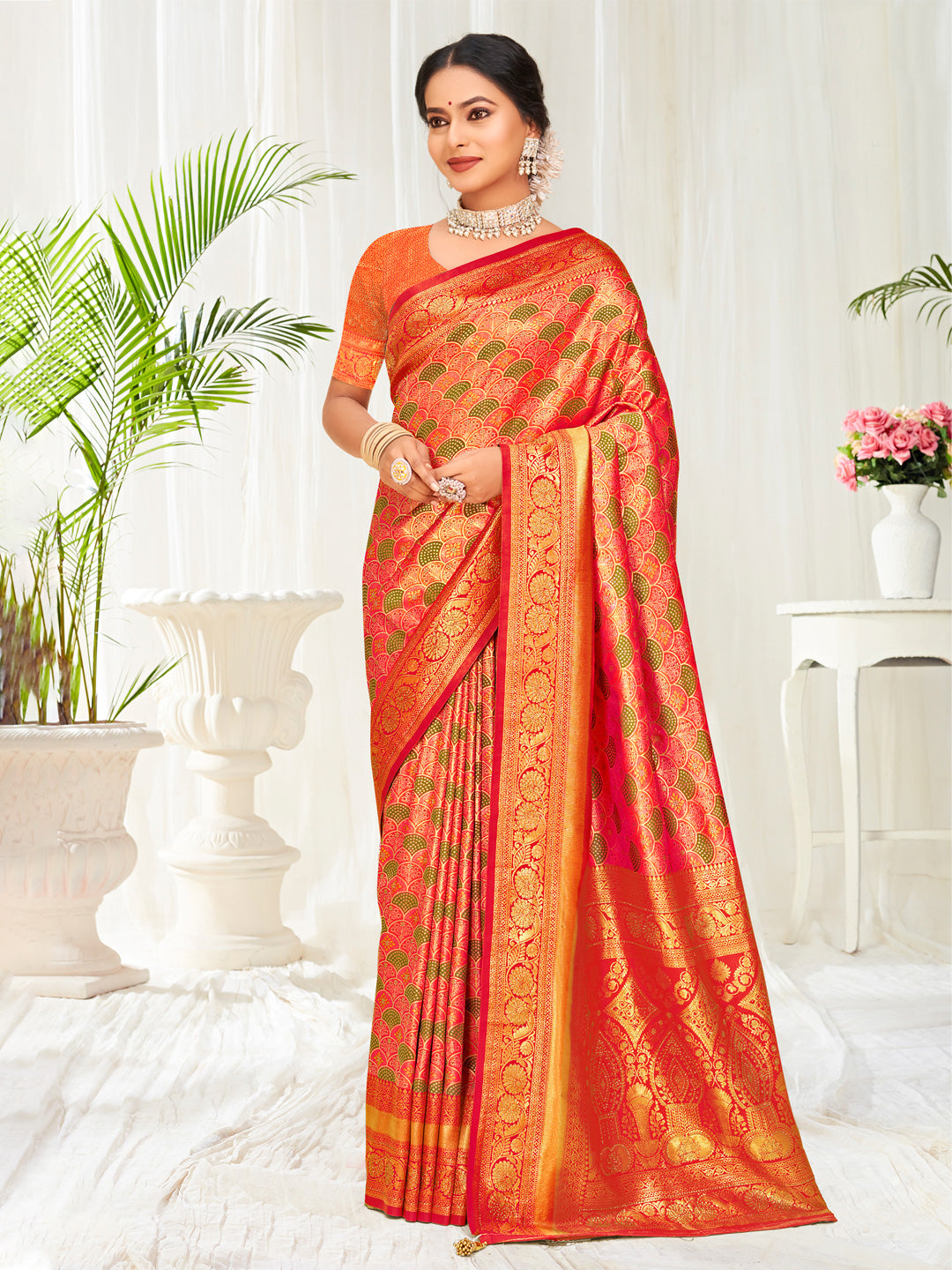 Sangam Orange Banarasi Silk Saree