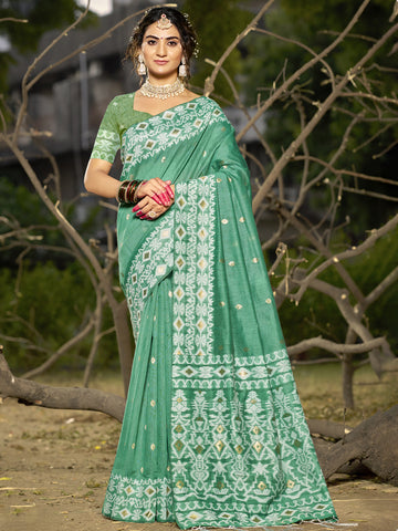 Teal Green Linen Cotton Saree