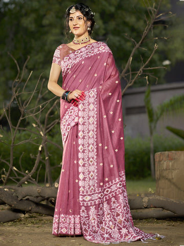 Pink Linen Cotton Saree