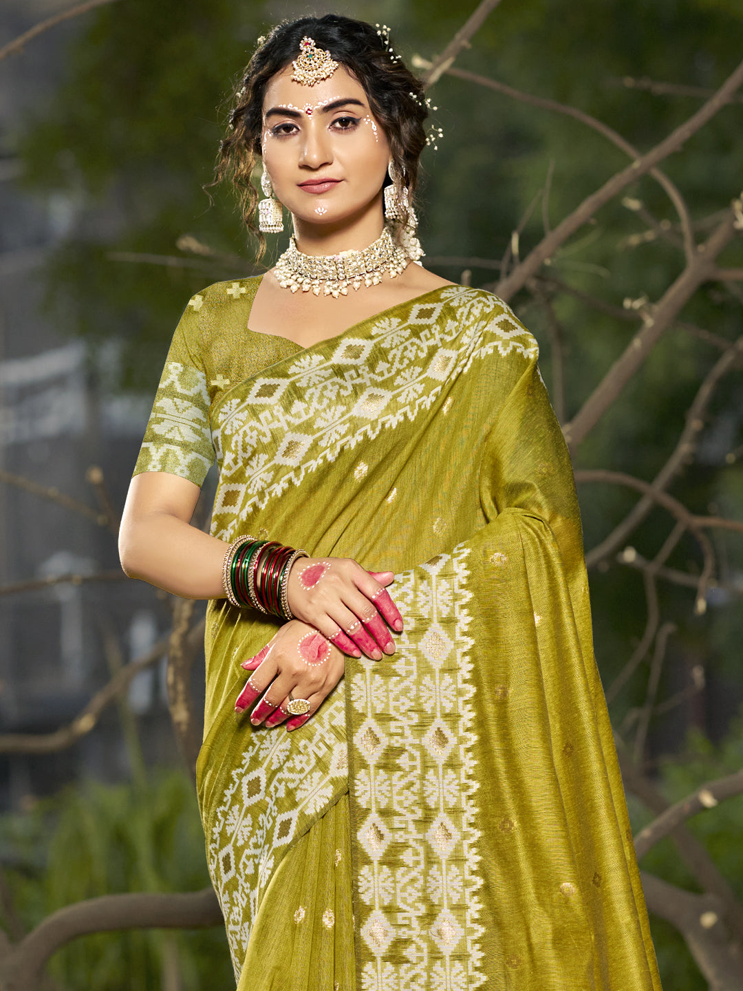 Olive Green Linen Cotton Saree