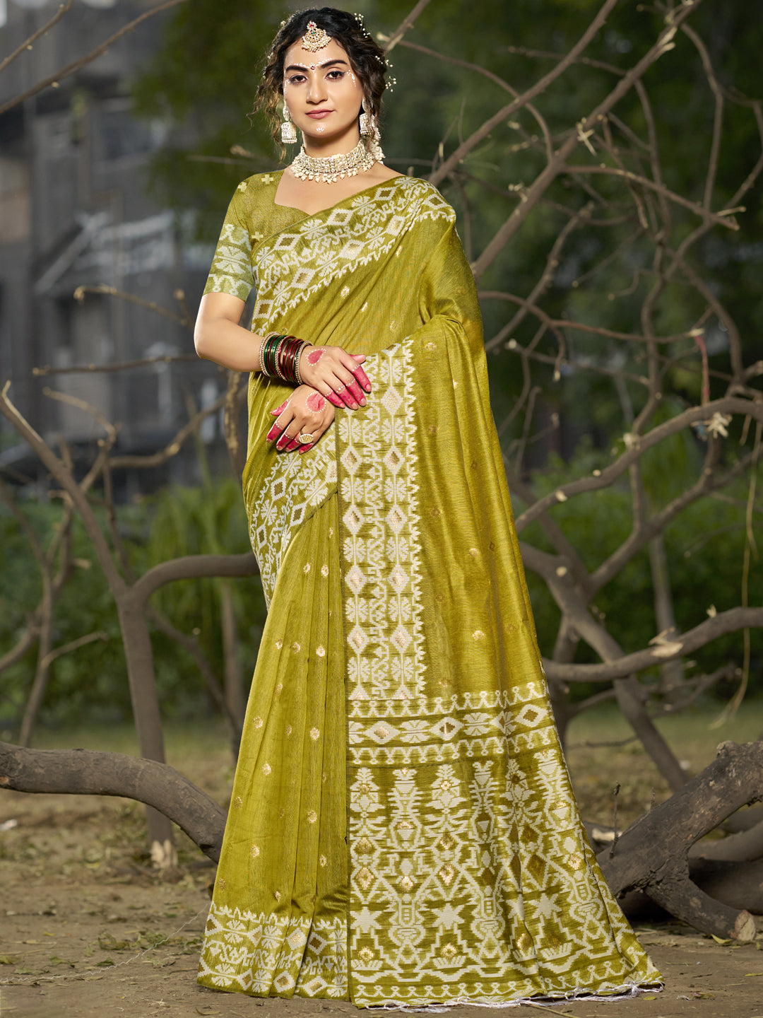 Olive Green Linen Cotton Saree