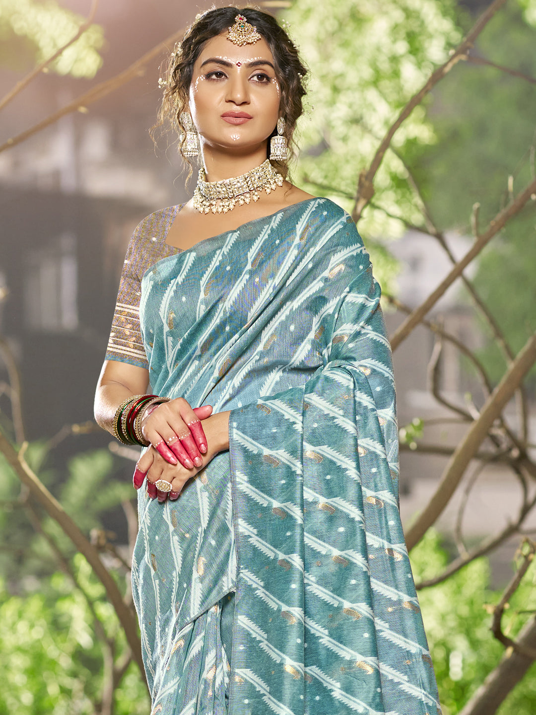 Sky Blue Linen Cotton Saree