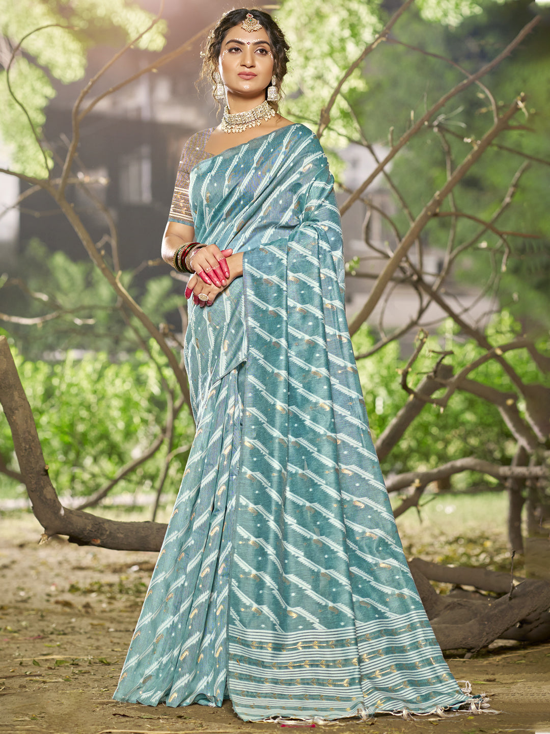 Sky Blue Linen Cotton Saree