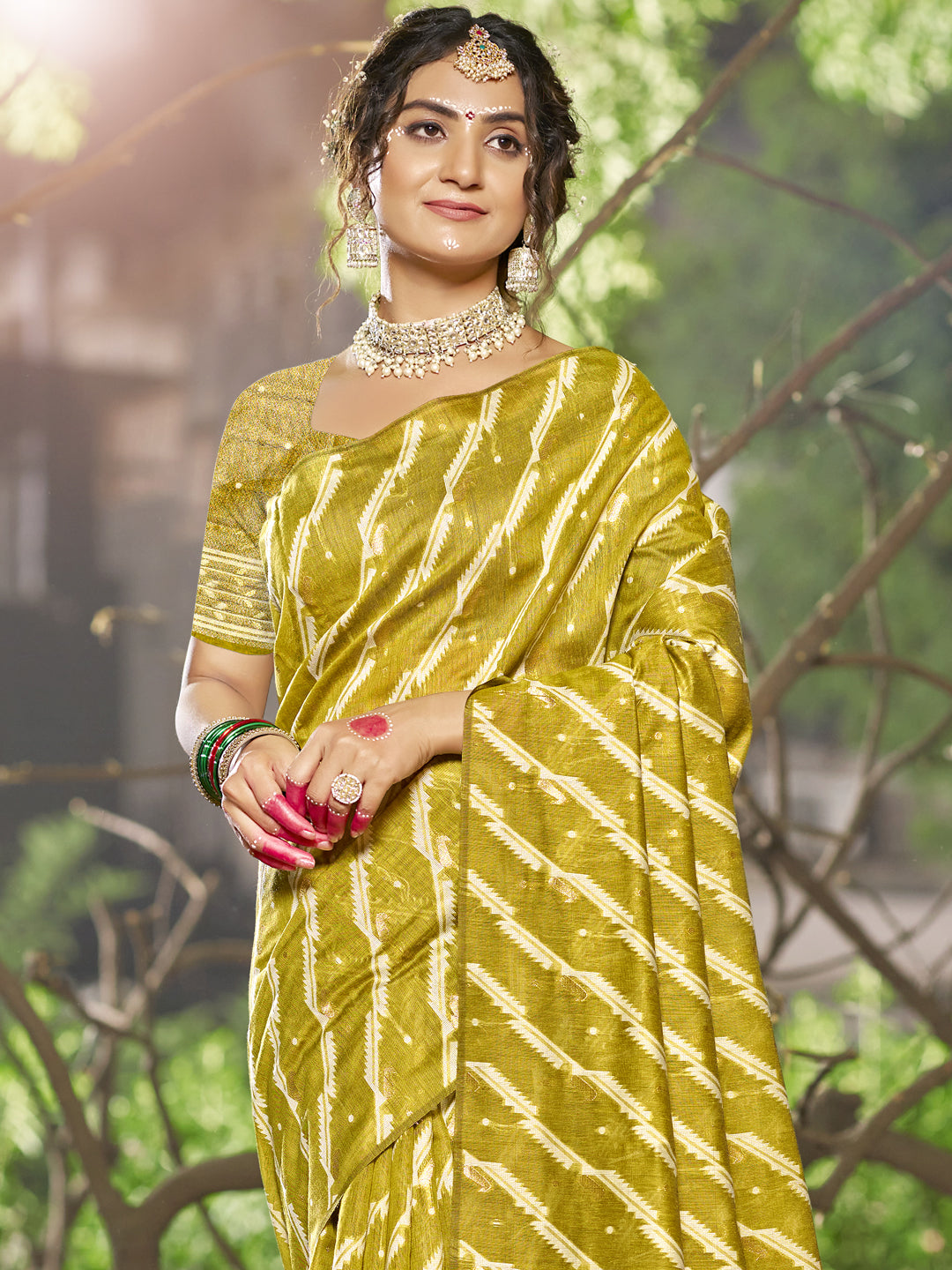 Olive Green Linen Cotton Saree