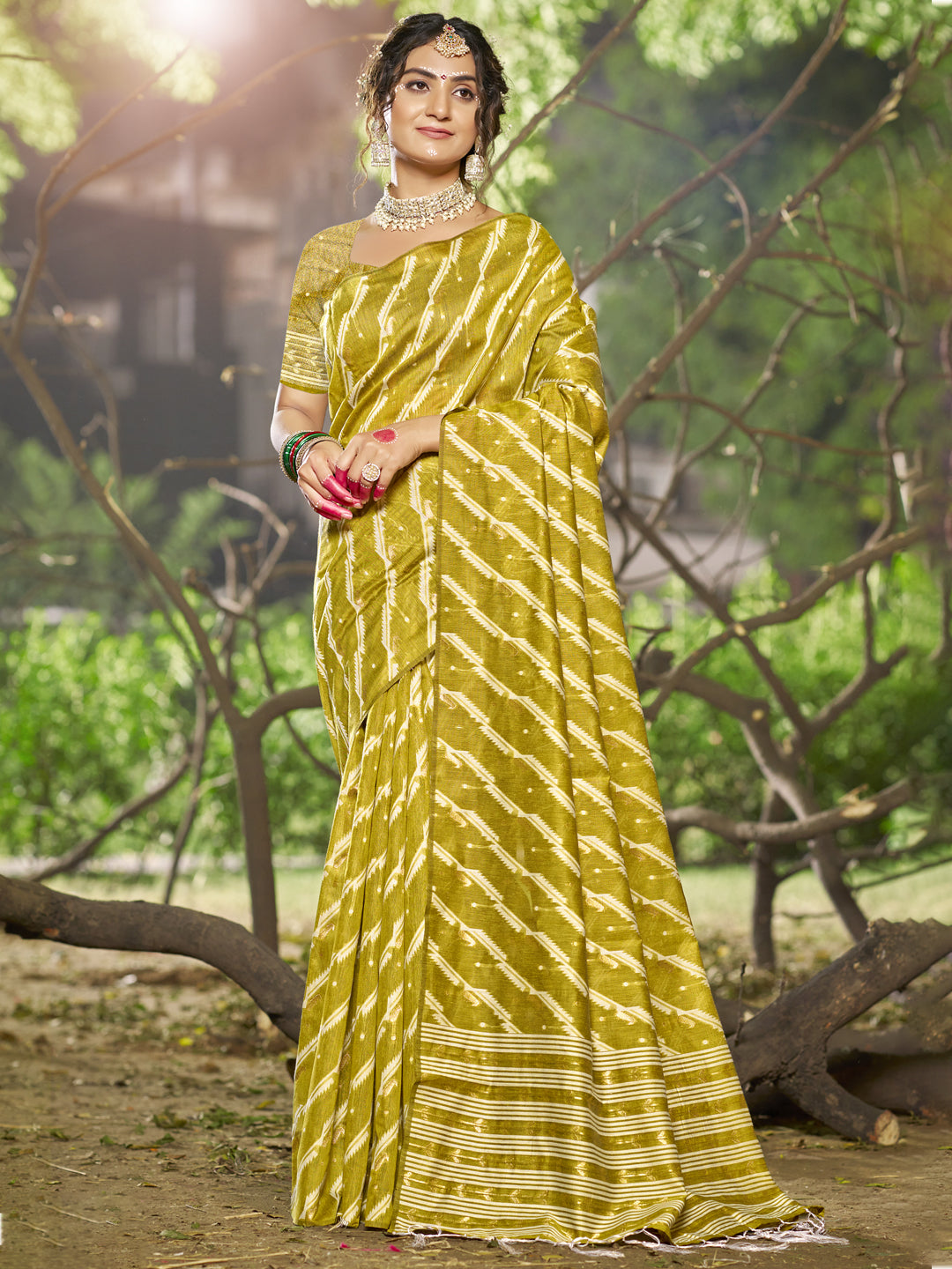 Olive Green Linen Cotton Saree