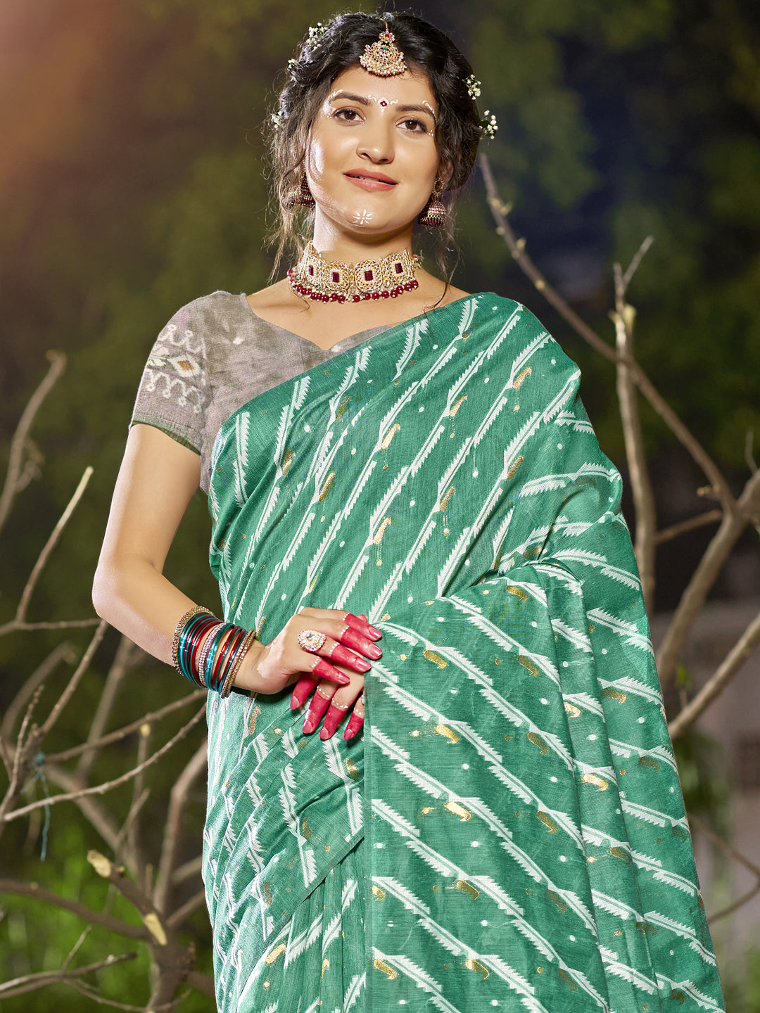 Teal Green Linen Cotton Saree