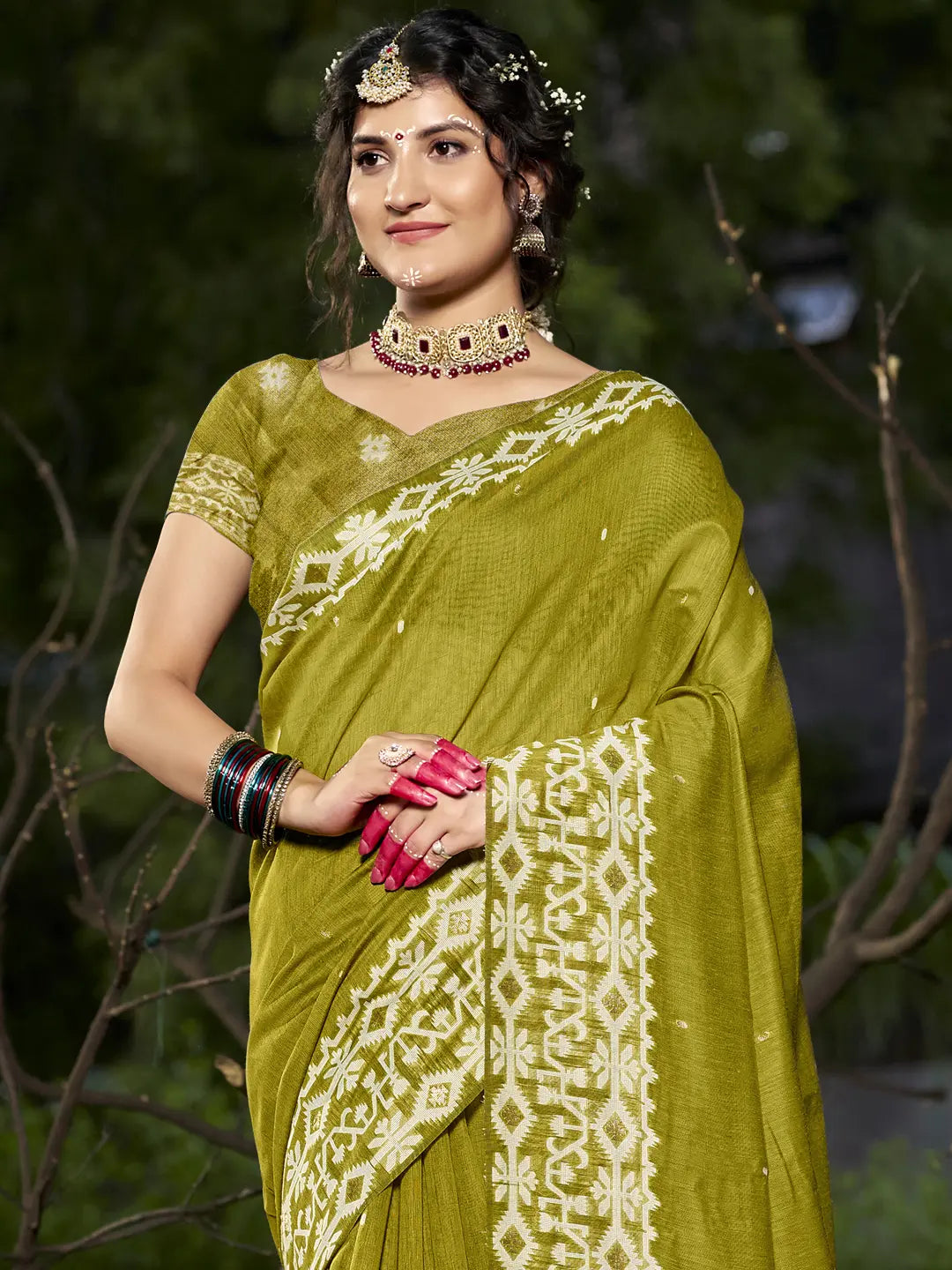 Olive Green Cotton Saree