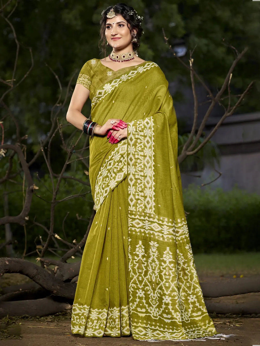 Olive Green Cotton Saree