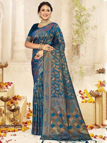 Sangam Prussian Blue Satin Silk Saree