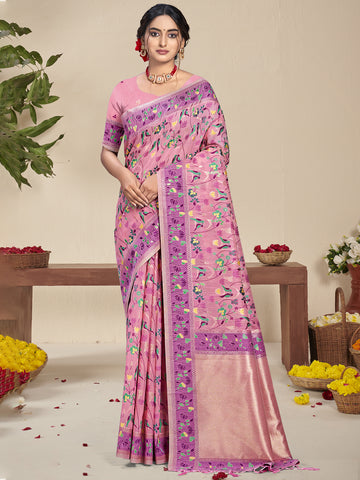 Light Pink Silk Saree With Attractive Floral Work