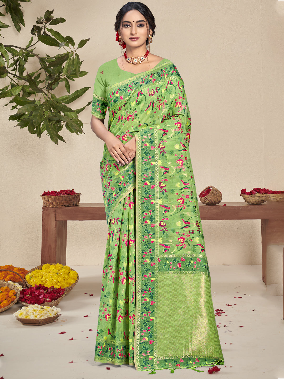 Light Green Silk Saree With Attractive Floral Work