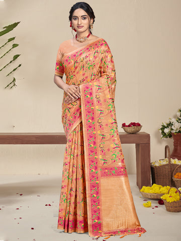 Peach Silk Saree With Attractive Floral Work