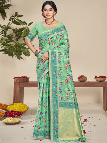 Pista Green Silk Saree With Attractive Floral Work