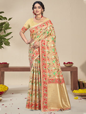 Beige Silk Saree With Attractive Floral Work