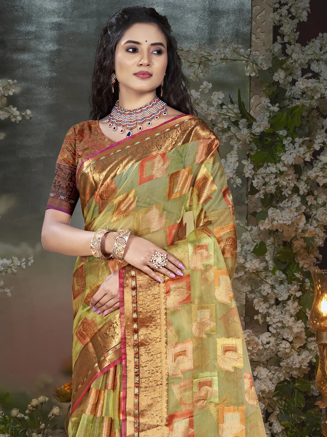 Olive Green Chanderi Silk Saree