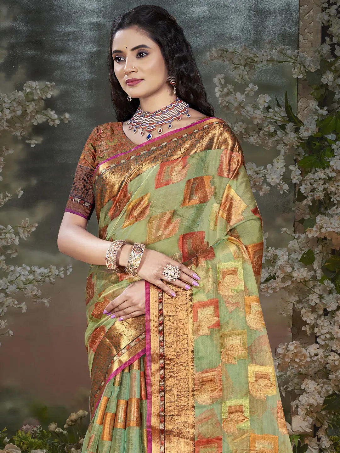 Beige Chanderi Silk Saree