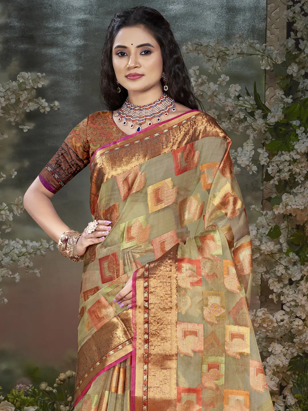 Gray Chanderi Silk Saree