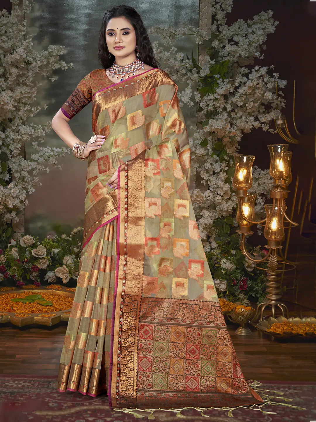 Gray Chanderi Silk Saree