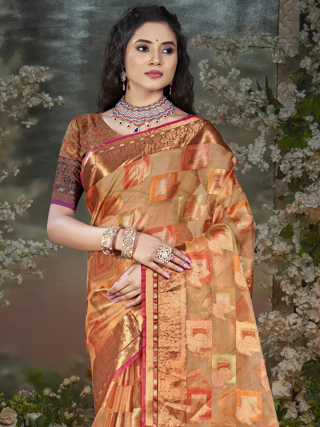 Peach Chanderi Silk Saree