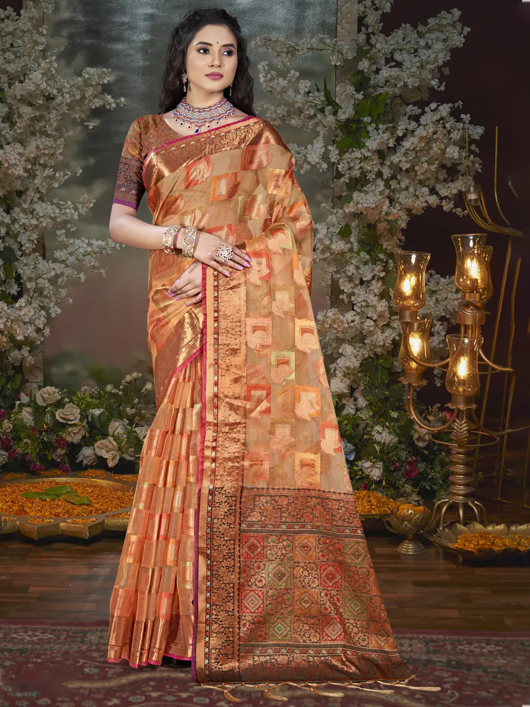 Peach Chanderi Silk Saree