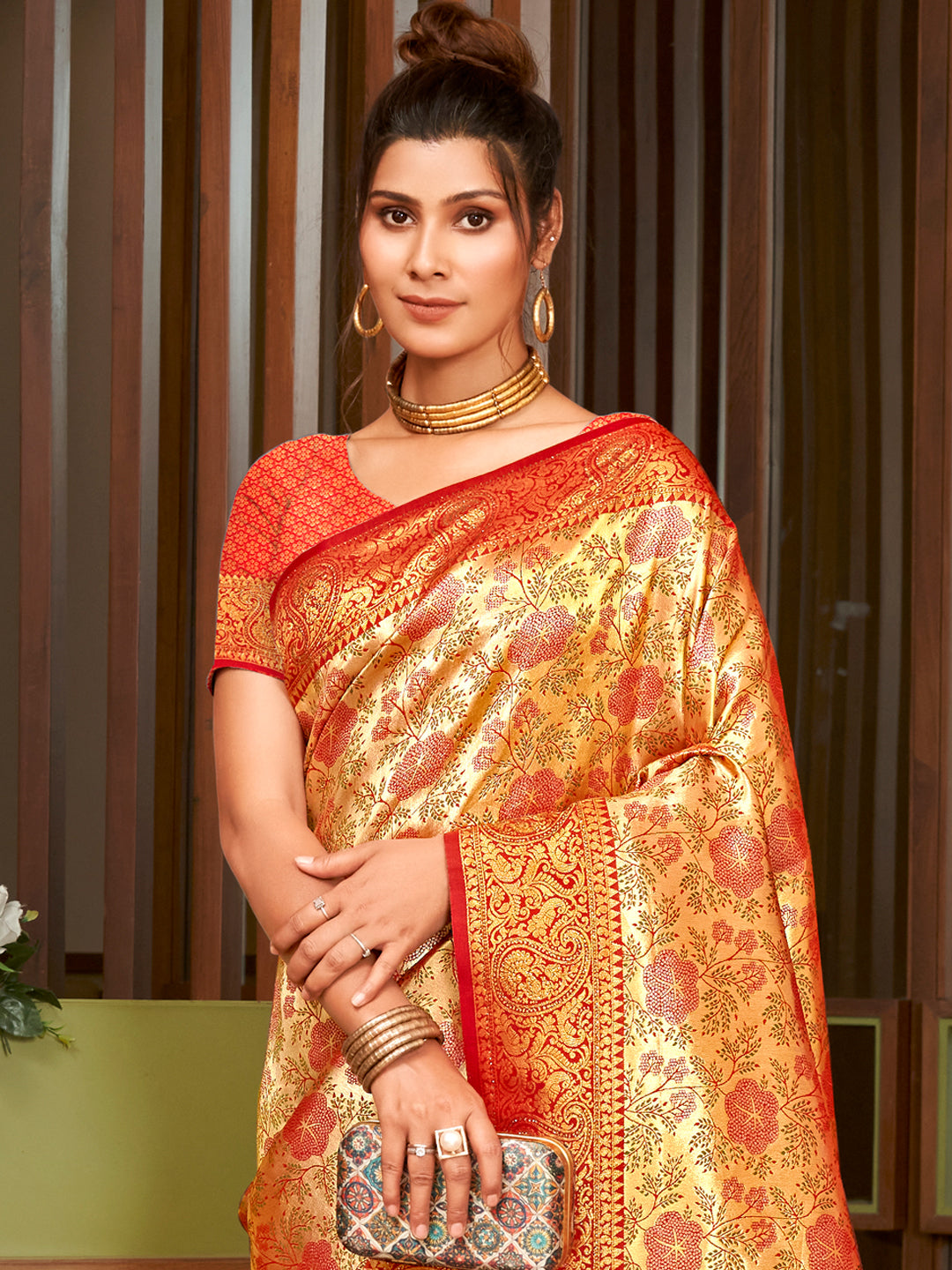 Yellow Silk Saree With Floral Work