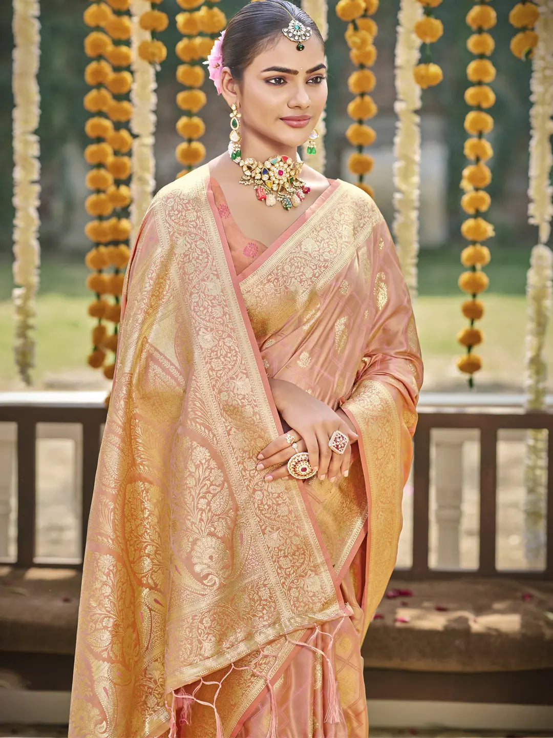 Peach Satin Silk Saree