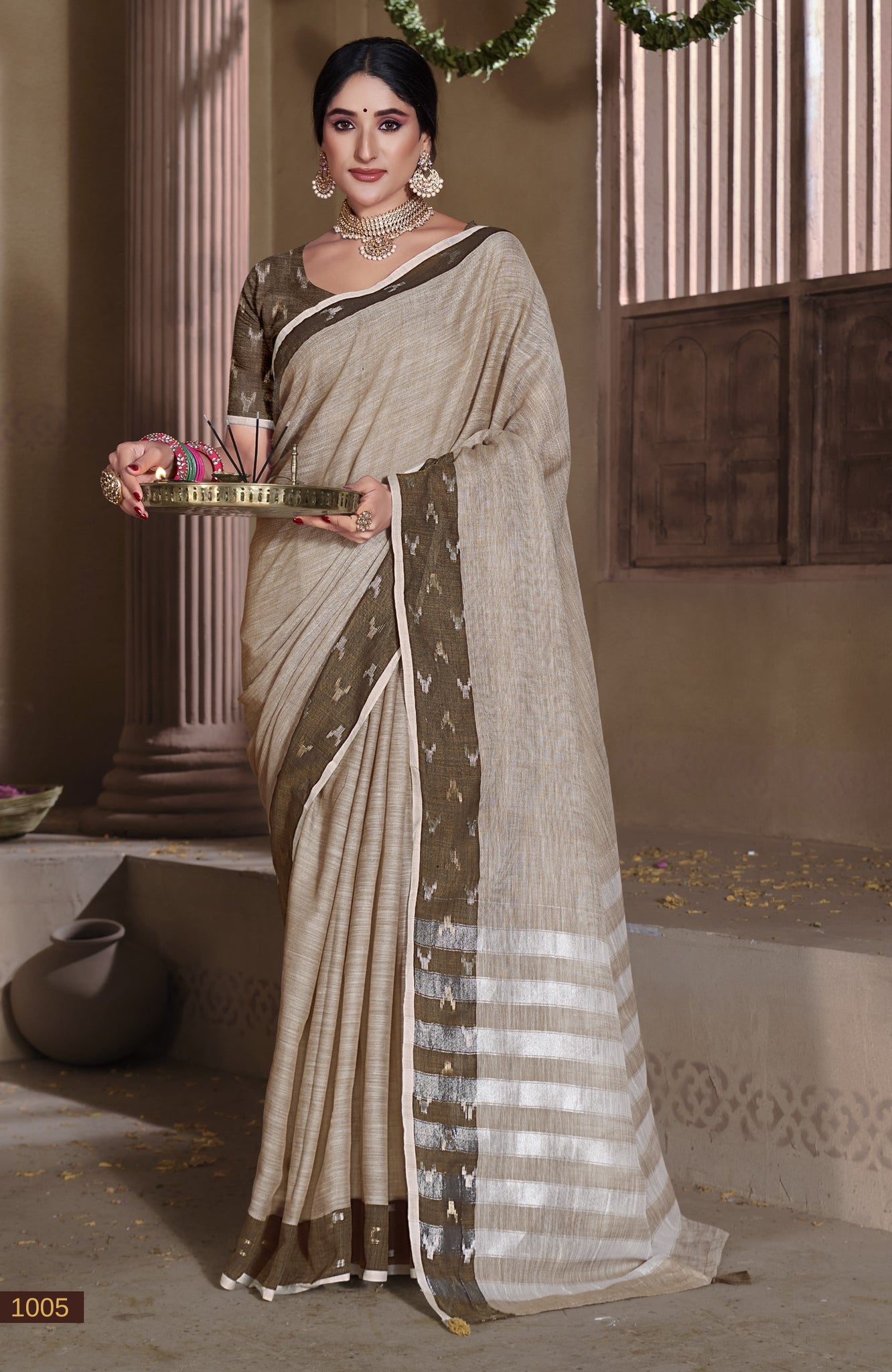 Beige Linen Saree