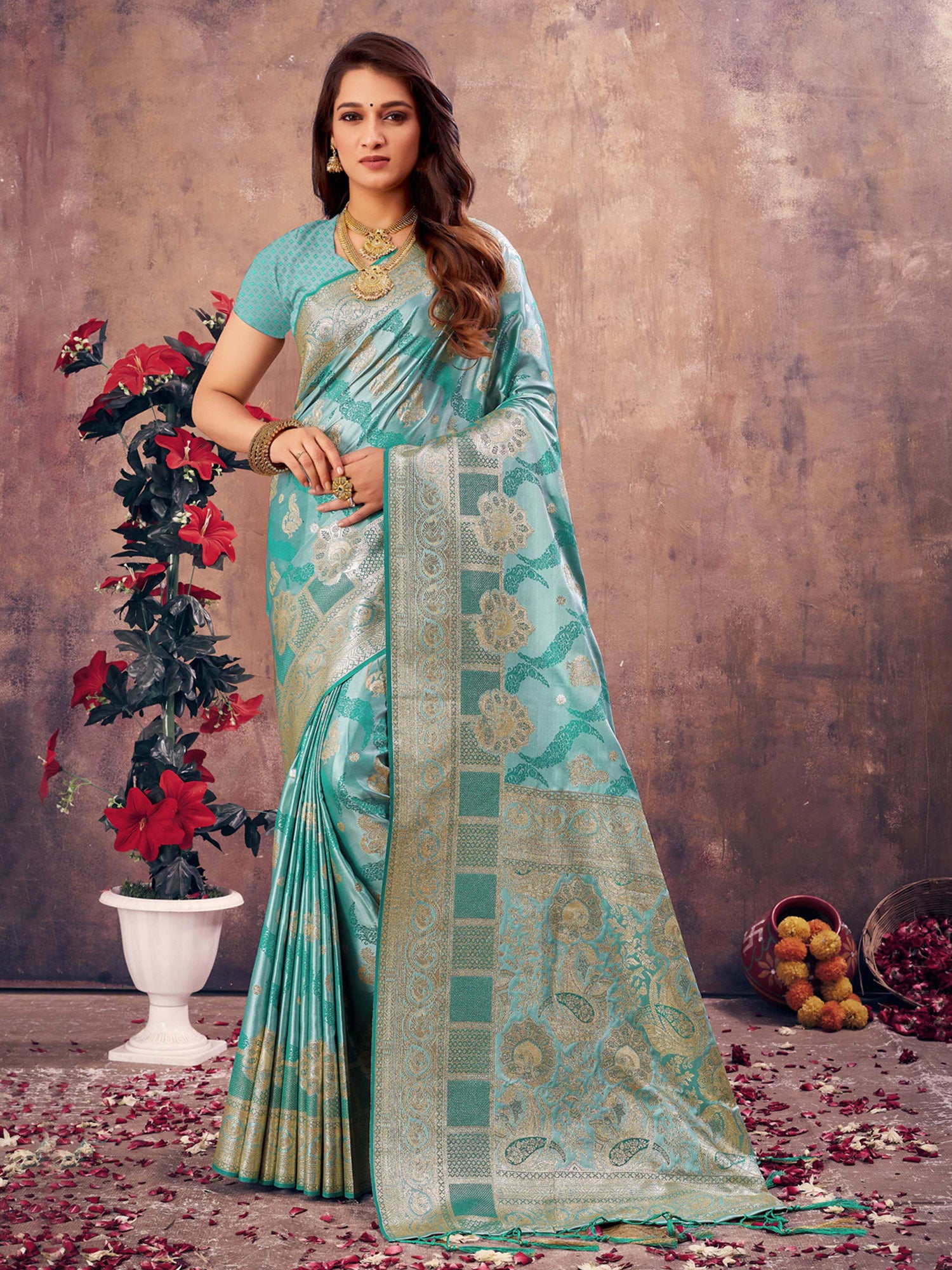 Sangam Sky Blue South Silk Saree