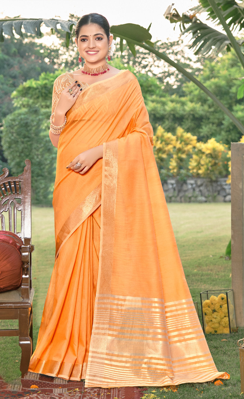 Sangam Orange Cotton Saree