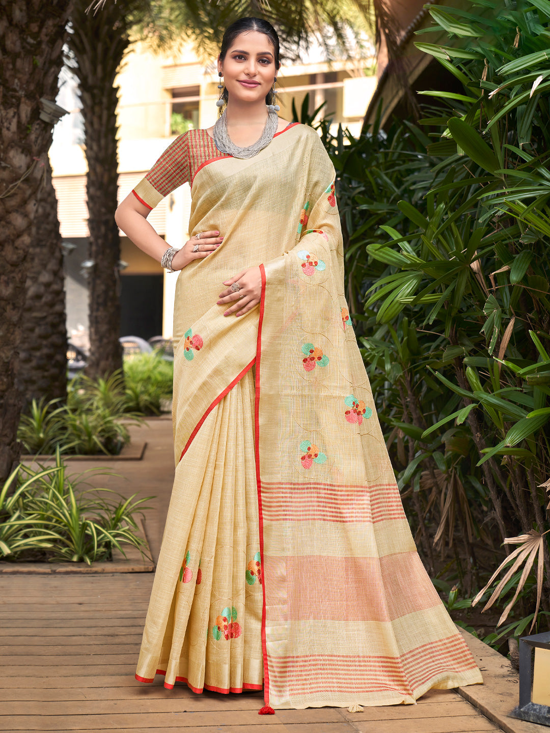 Sangam Mellow Yellow Linen Saree