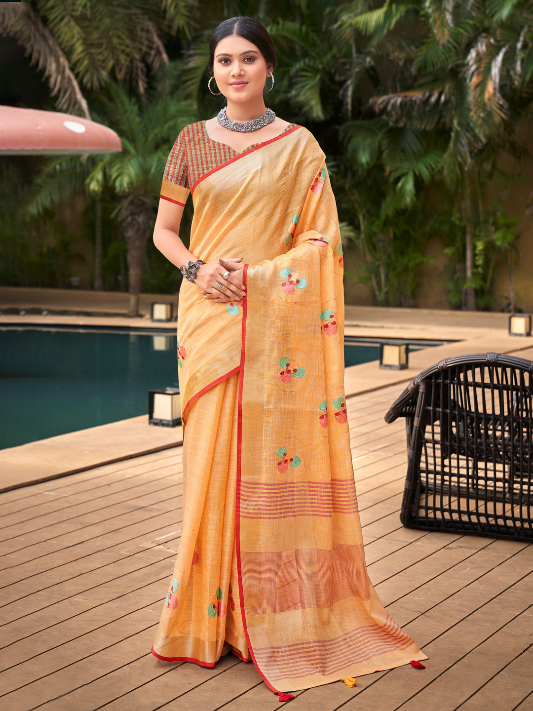 Orange Linen Saree