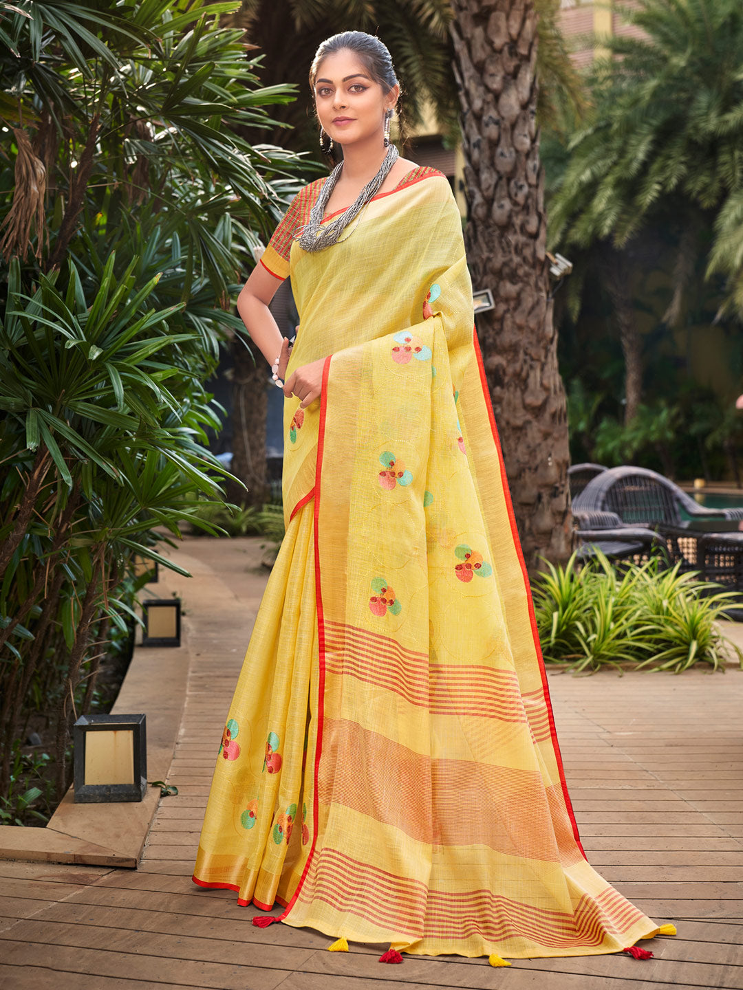 Sangam Yellow Linen Saree