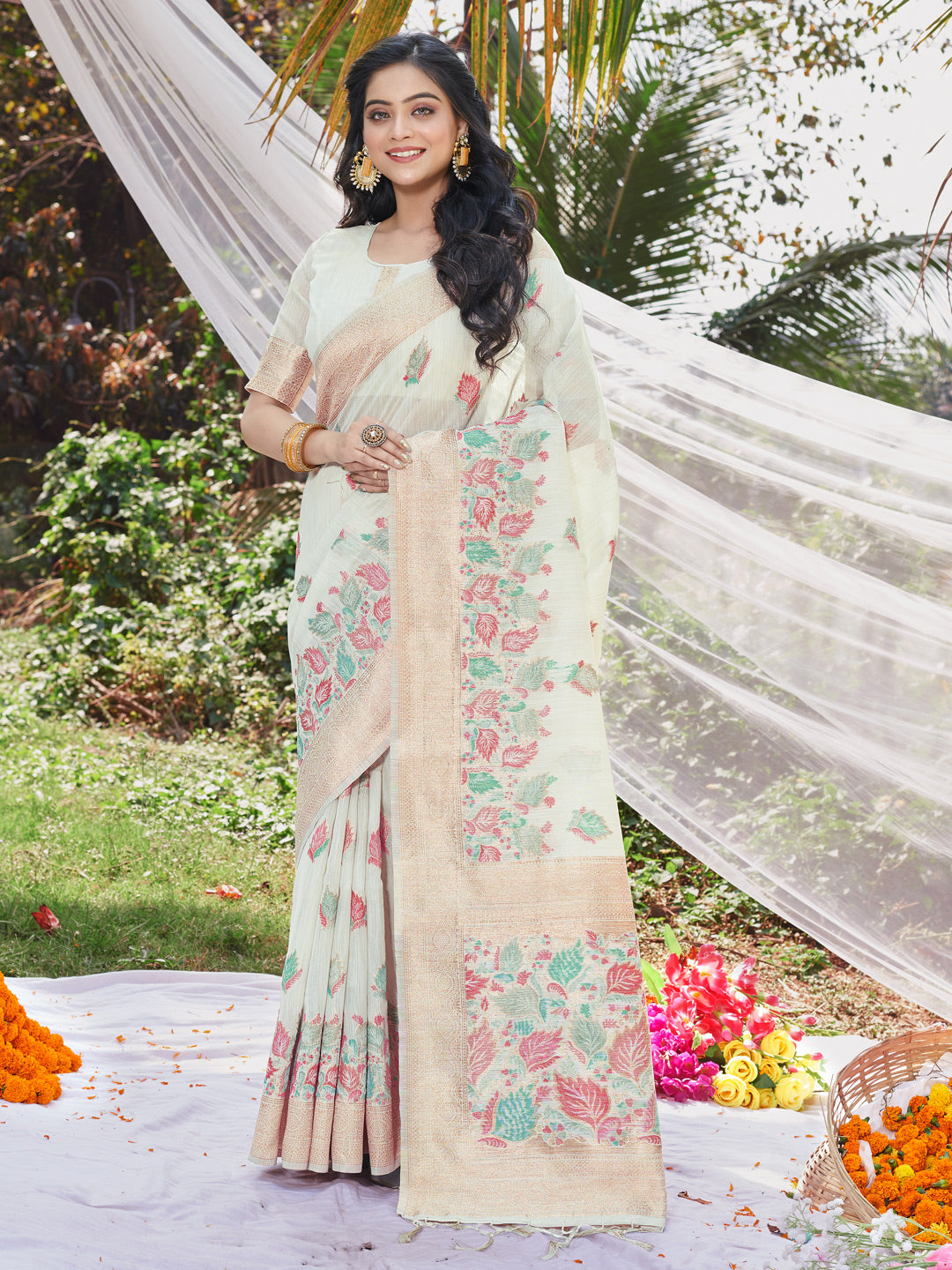 Sangam White Cotton Saree