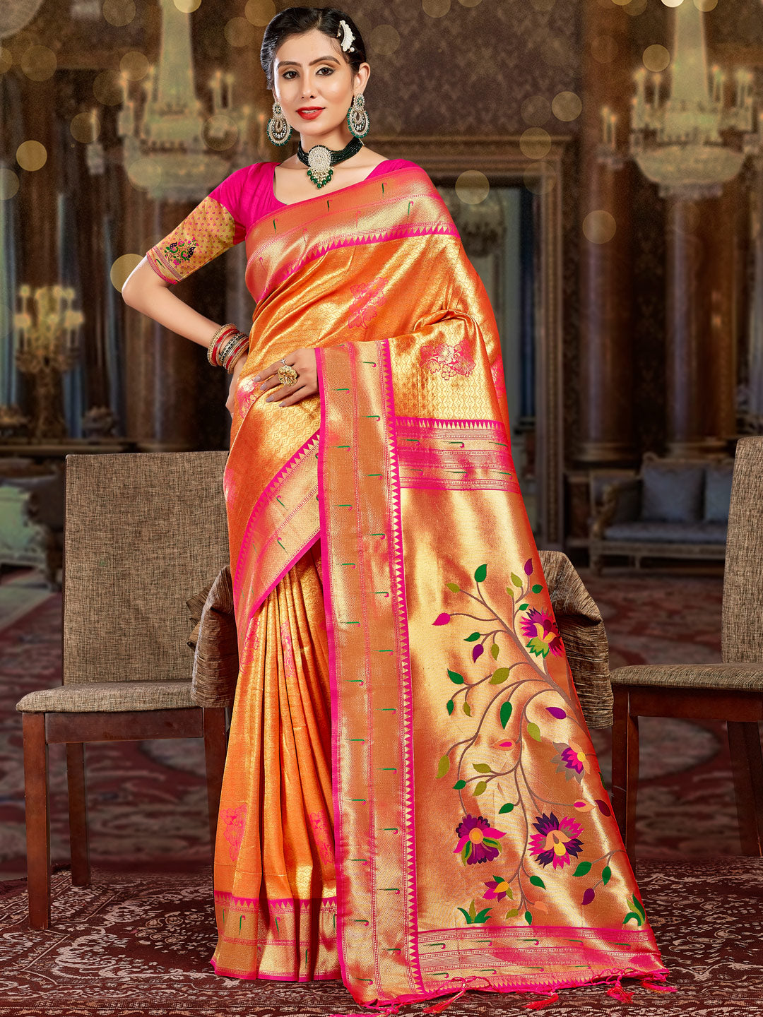 Sangam Orange Paithani Silk Saree