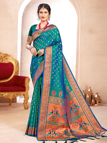 Olympic Blue Paithani Silk Saree