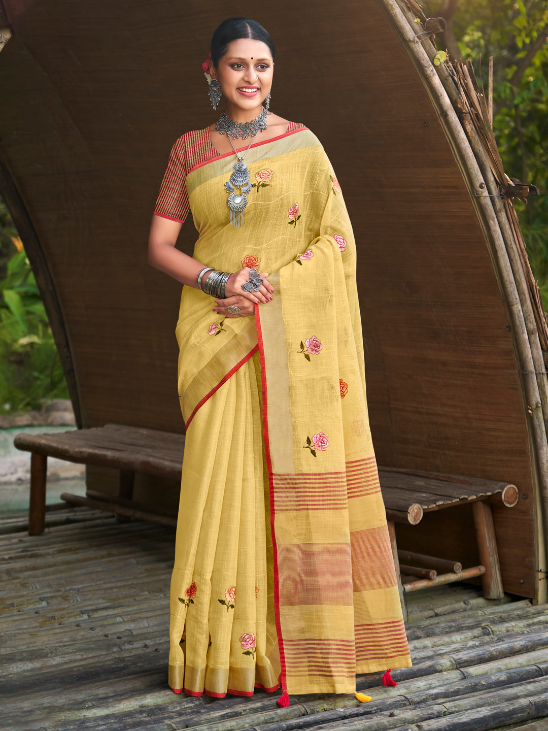 Sangam Yellow Linen Saree