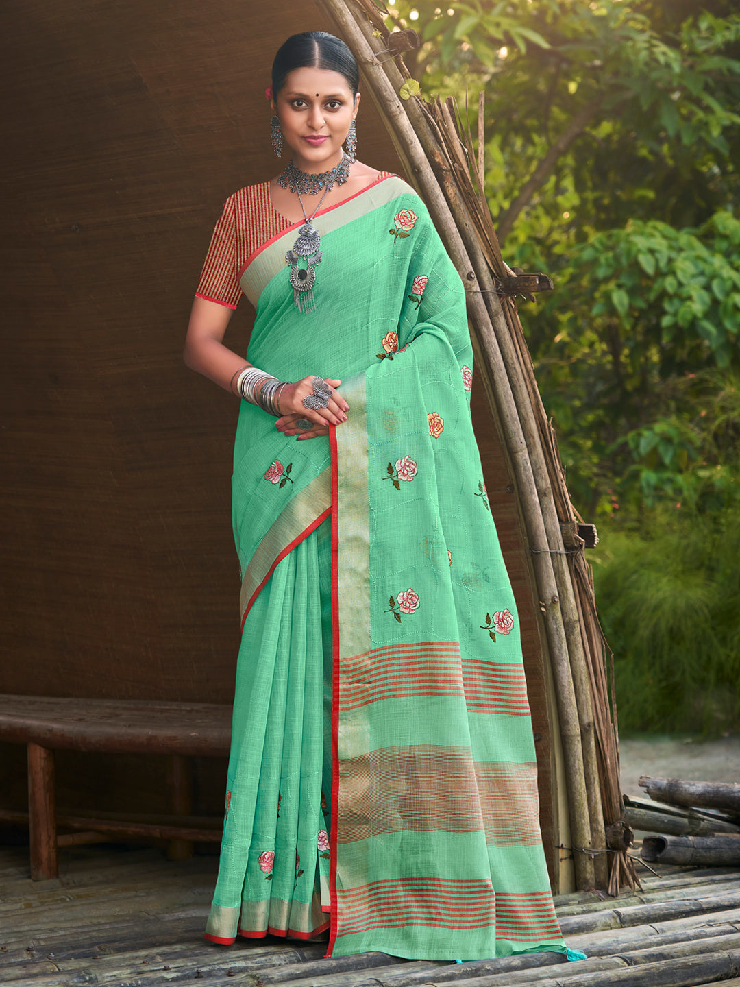 Sea Green Linen Saree