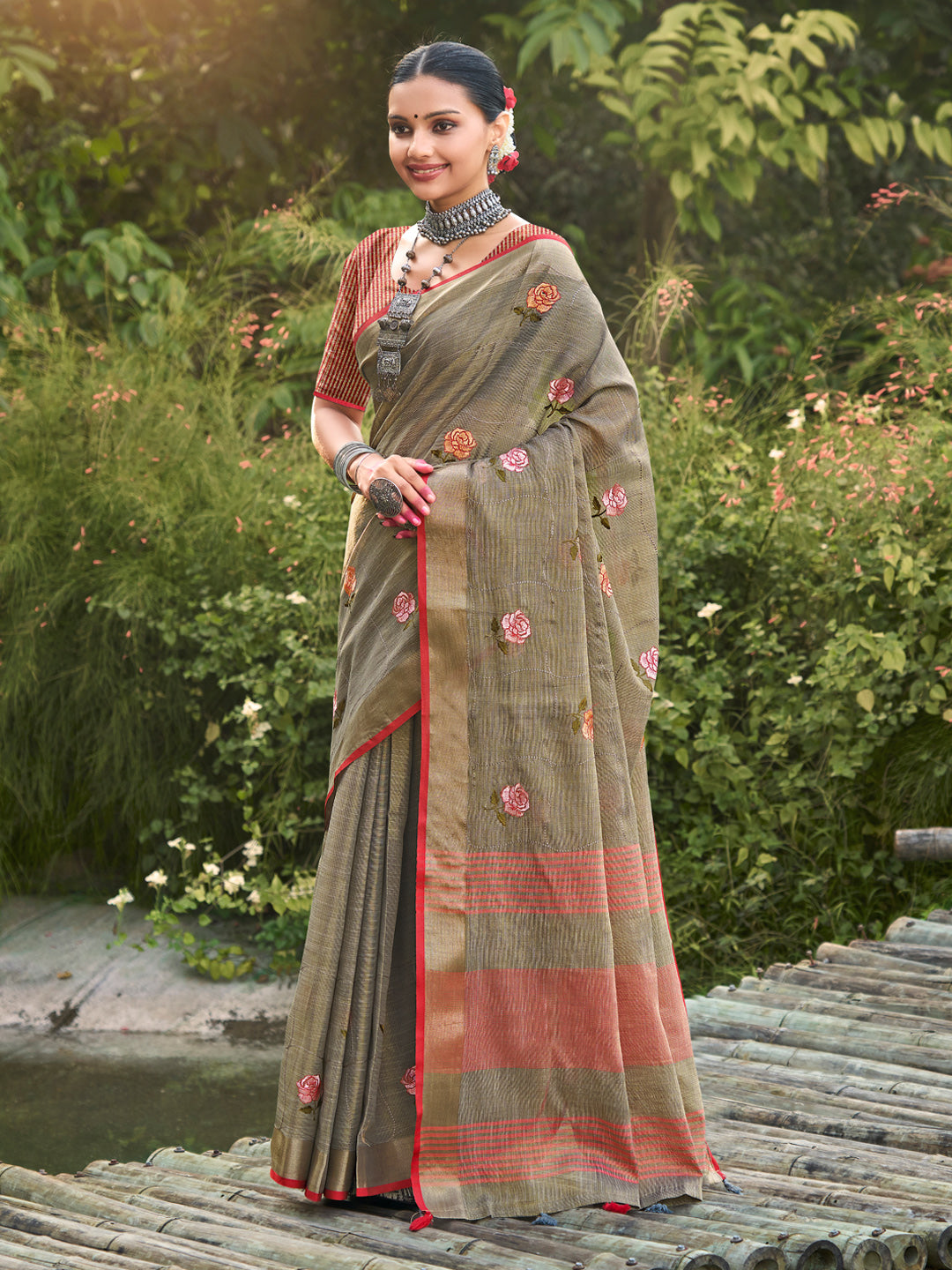 Gray Linen Saree