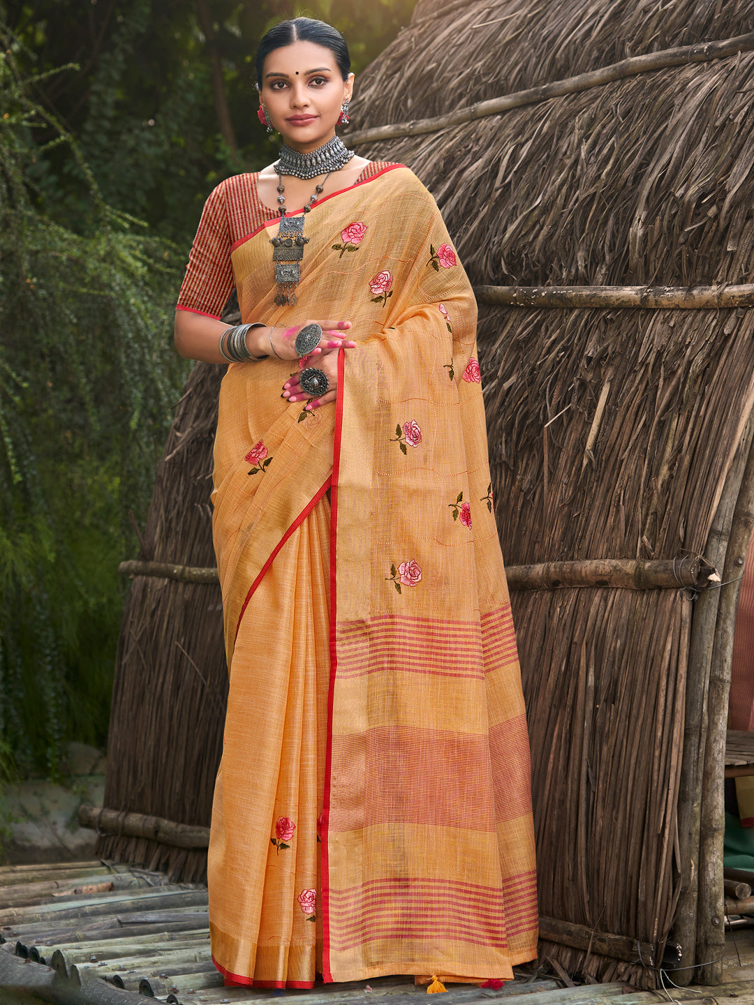 Orange Linen Saree