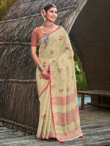 Cream Linen Saree