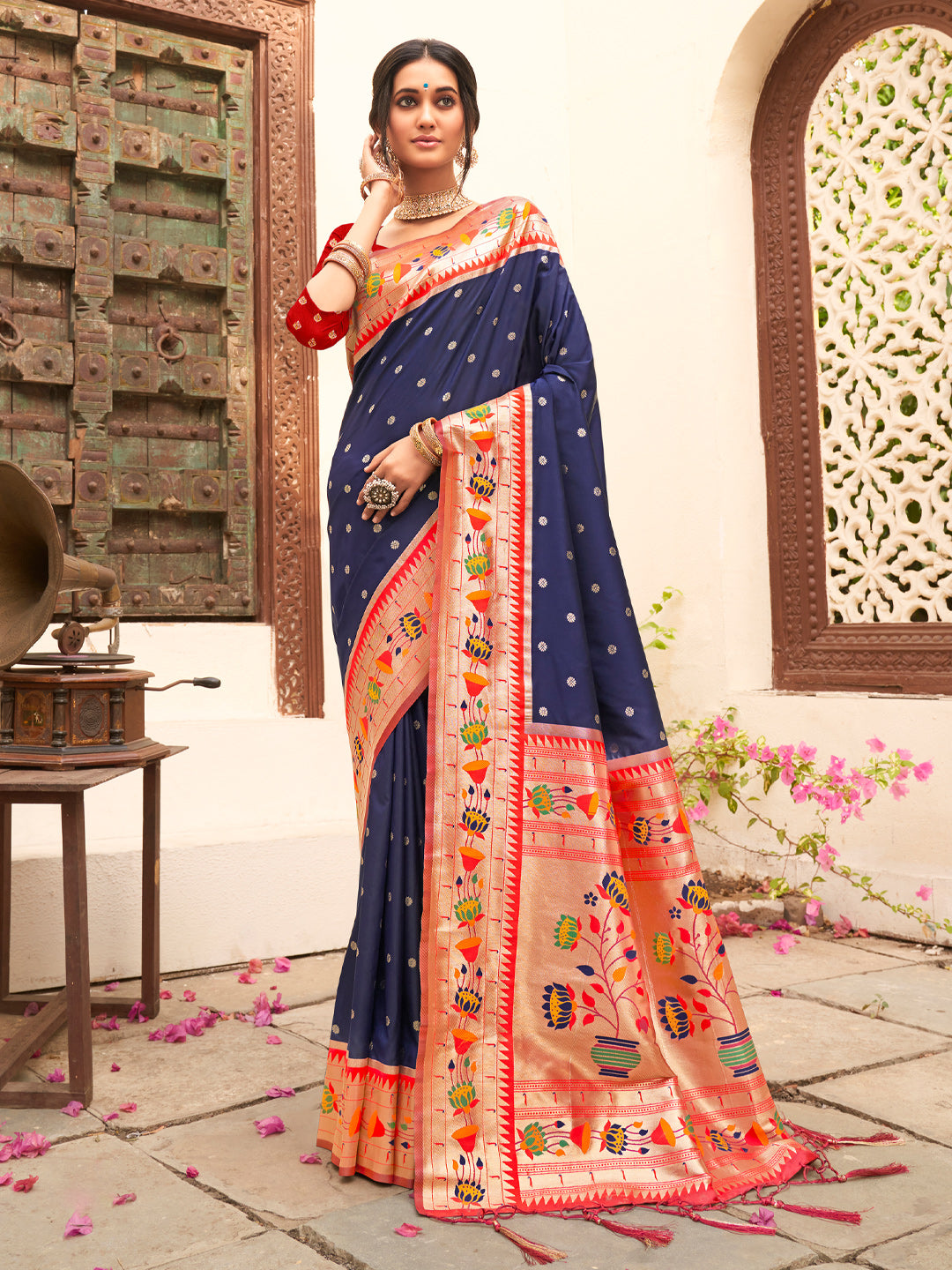 Navy Blue Paithani Silk Saree