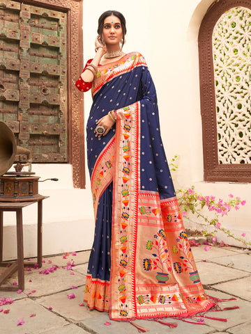 Navy Blue Paithani Silk Saree