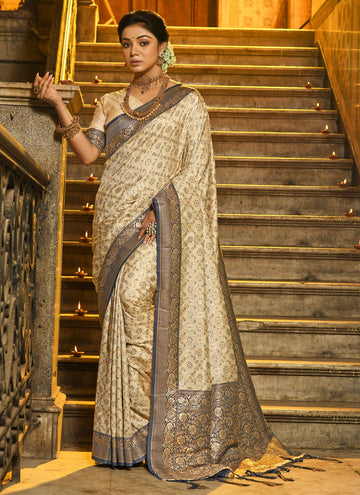 Cream Banarasi Silk Saree