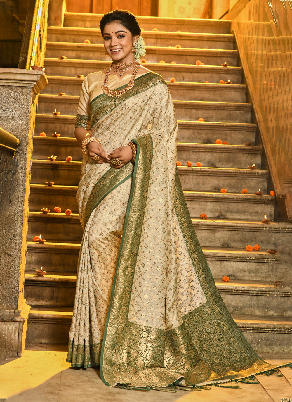 Sangam Cream Banarasi Silk Saree