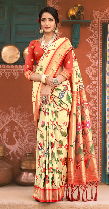 Sangam Cream Paithani Silk Saree