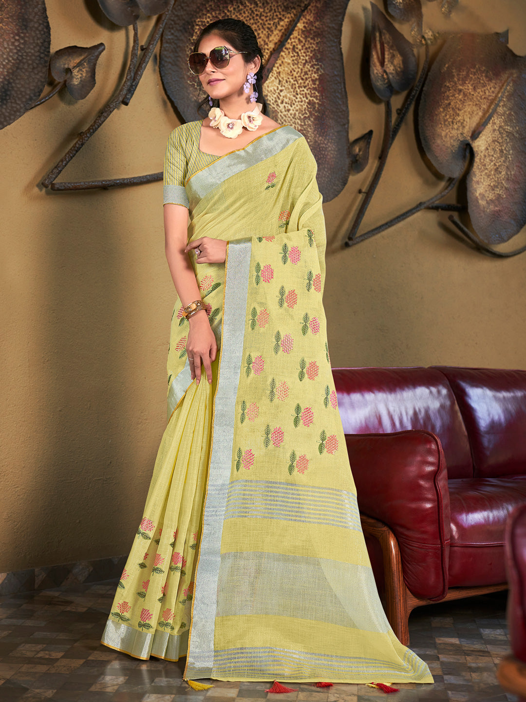 Sangam Yellow Linen Saree